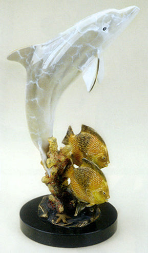 Dolphin with Fish on Marble Base Sculpture Single