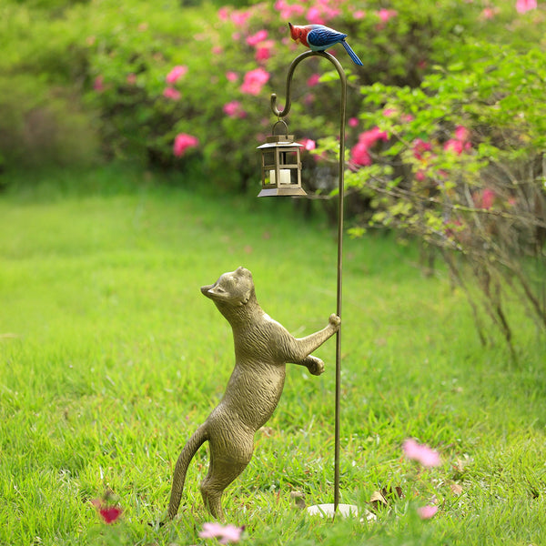 Cat with Bird Snacktime Garden Sculpture