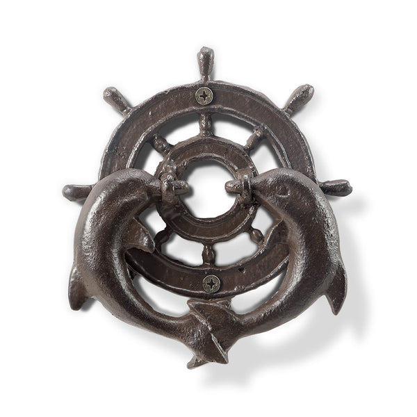 Dolphin Pair and Ships Wheel Sculpture