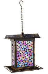 Bird Feeder Mosaic Glass Pink Square with Solar Lighting