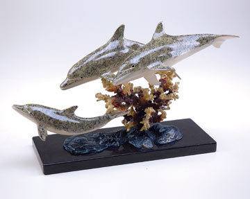Dolphins on Marble Base Sculpture Trio