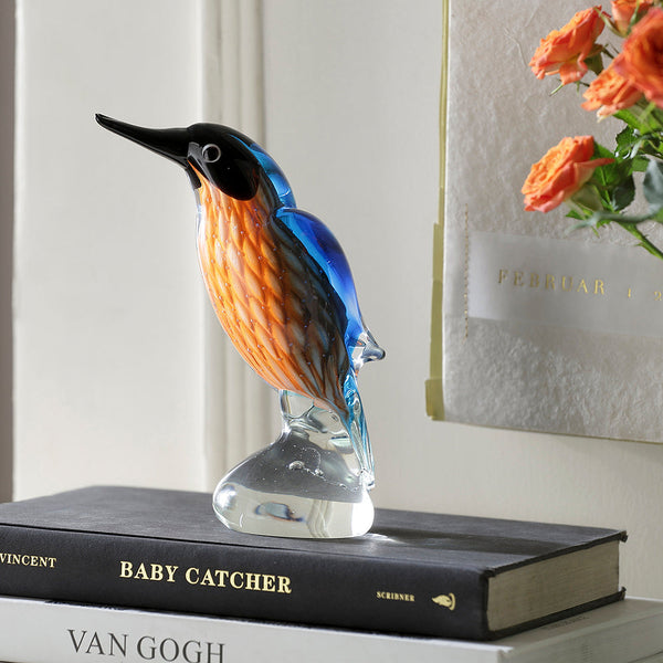 Hummingbird Sculpture Art Glass Blue and Orange