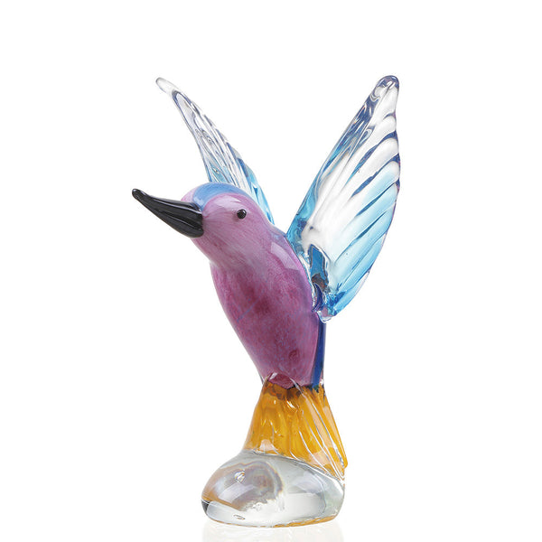 Hummingbird Sculpture Art Glass Blue and Pink
