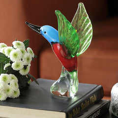 Hummingbird Sculpture Art Glass Green Red and Blue