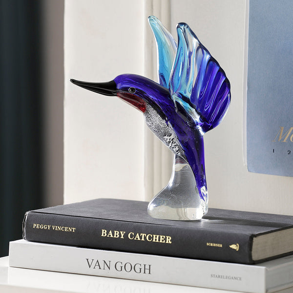 Hummingbird Sculpture Art Glass Blue and Red